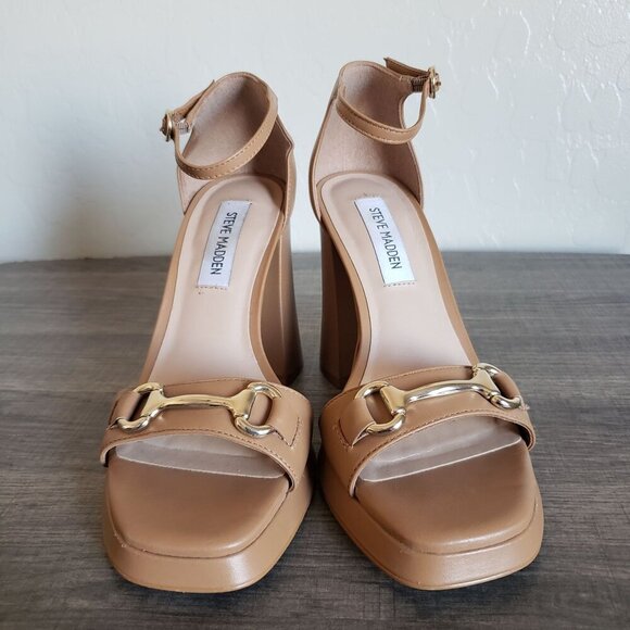 Steve Madden Cienna Horsebit Leather Chunky Heeled Sandals Tan Women's 7 Neutral - Picture 2 of 11